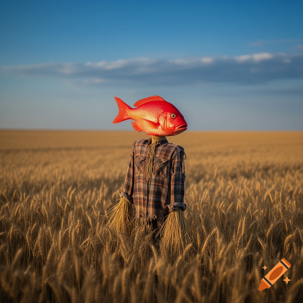 A scarecrow with a large red fish head stands in a vast golden wheat field under a clear blue sky.