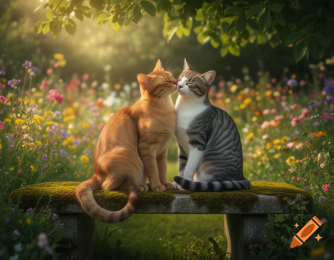 An orange cat and a tabby cat sit on a mossy bench in a sunlit flower garden, touching noses.