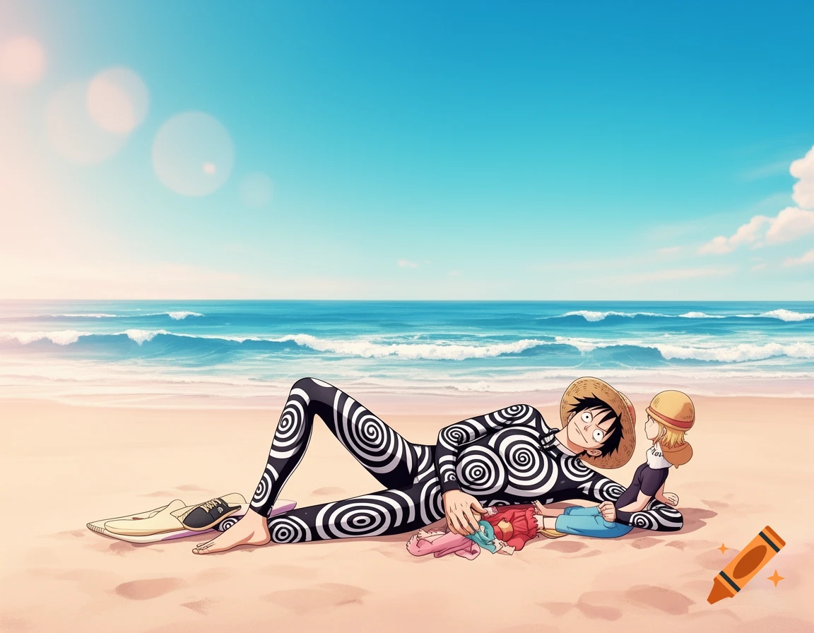 Anime character Luffy in a black and white hypnotic full-body suit lies on a sandy beach next to a smaller figure, with the ocean behind.