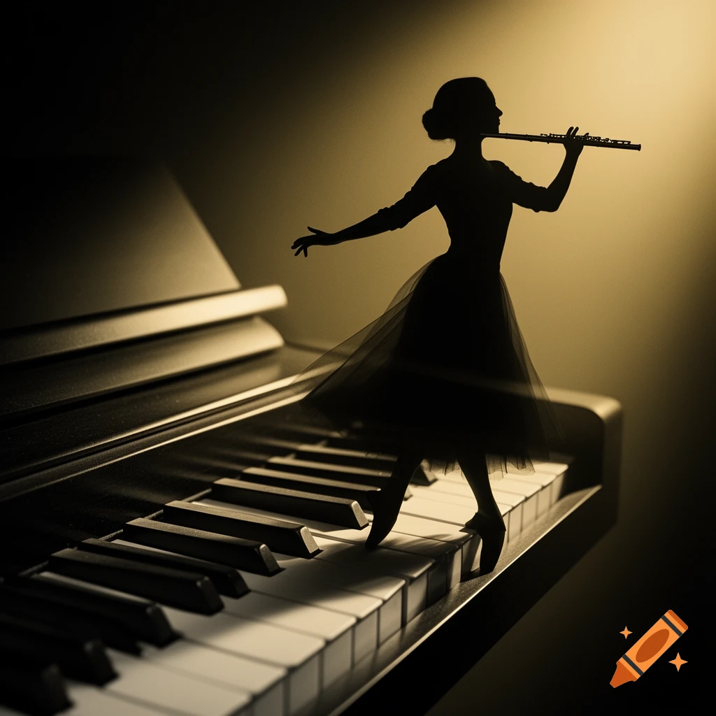 A silhouette of a woman in a ballet tutu and pointe shoes, dancing on a piano keyboard while playing a flute, lit by warm golden light.