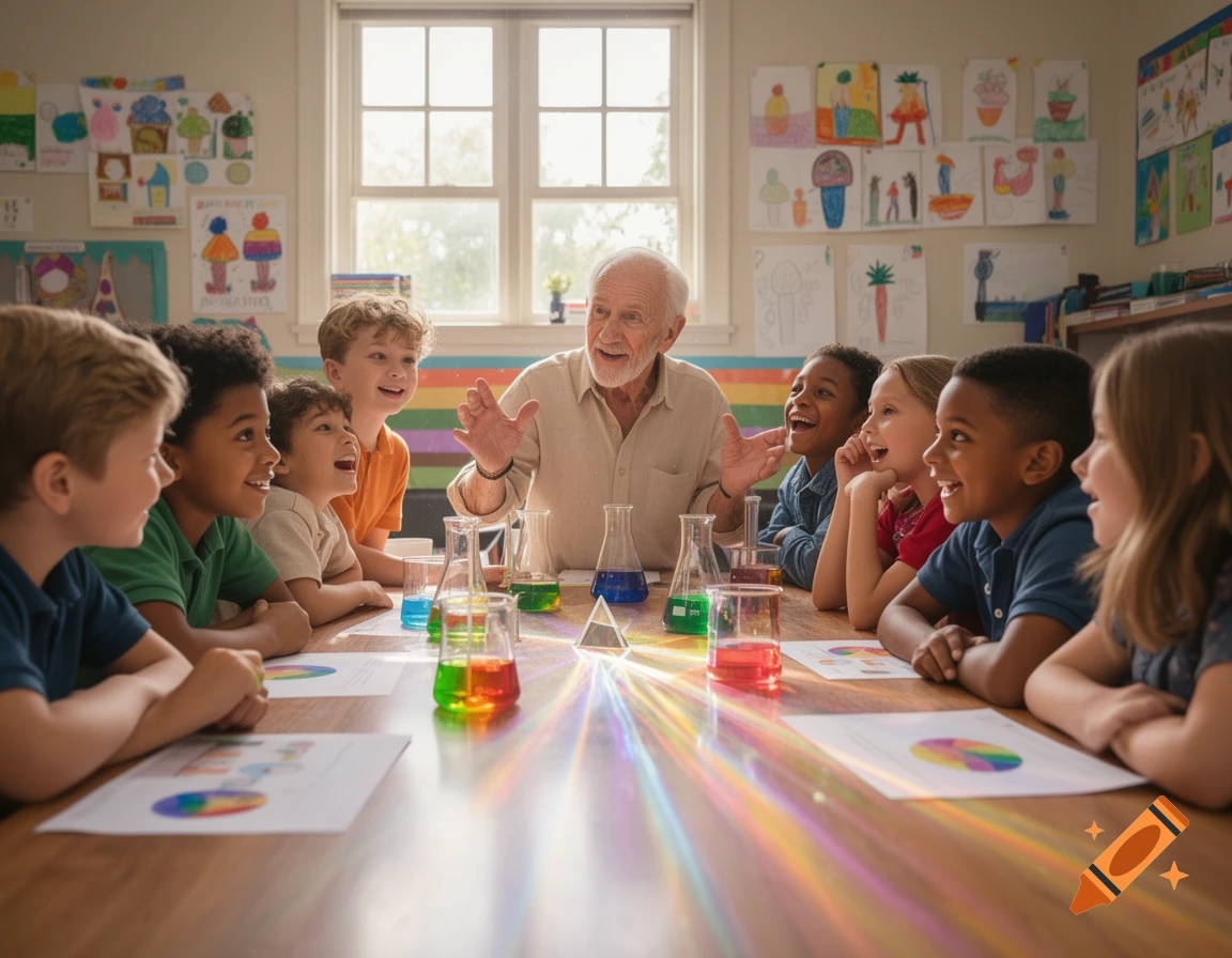 An older teacher demonstrates a colorful light experiment with a prism to a diverse group of smiling children gathered around a classroom table, looking engaged.