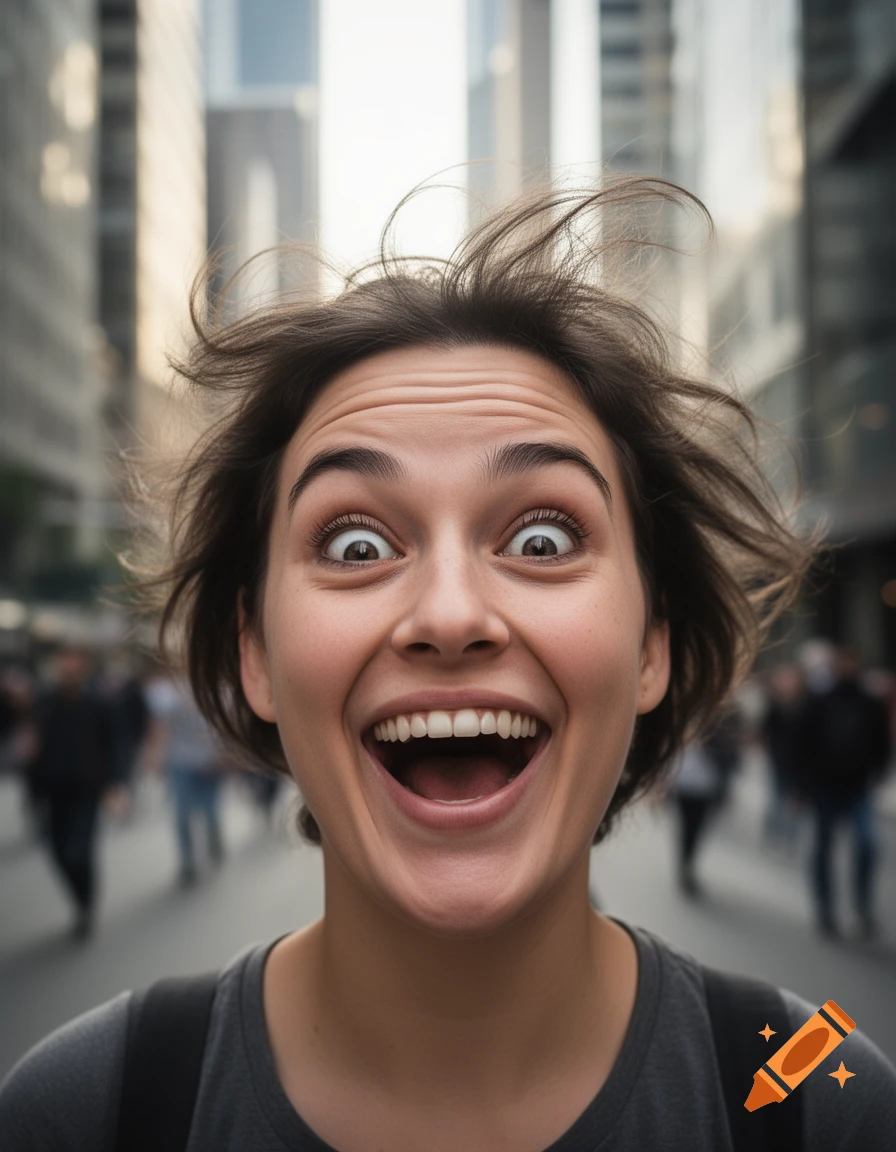 Close-up of an excited young woman with wide eyes and an open mouth, in a blurred city street.