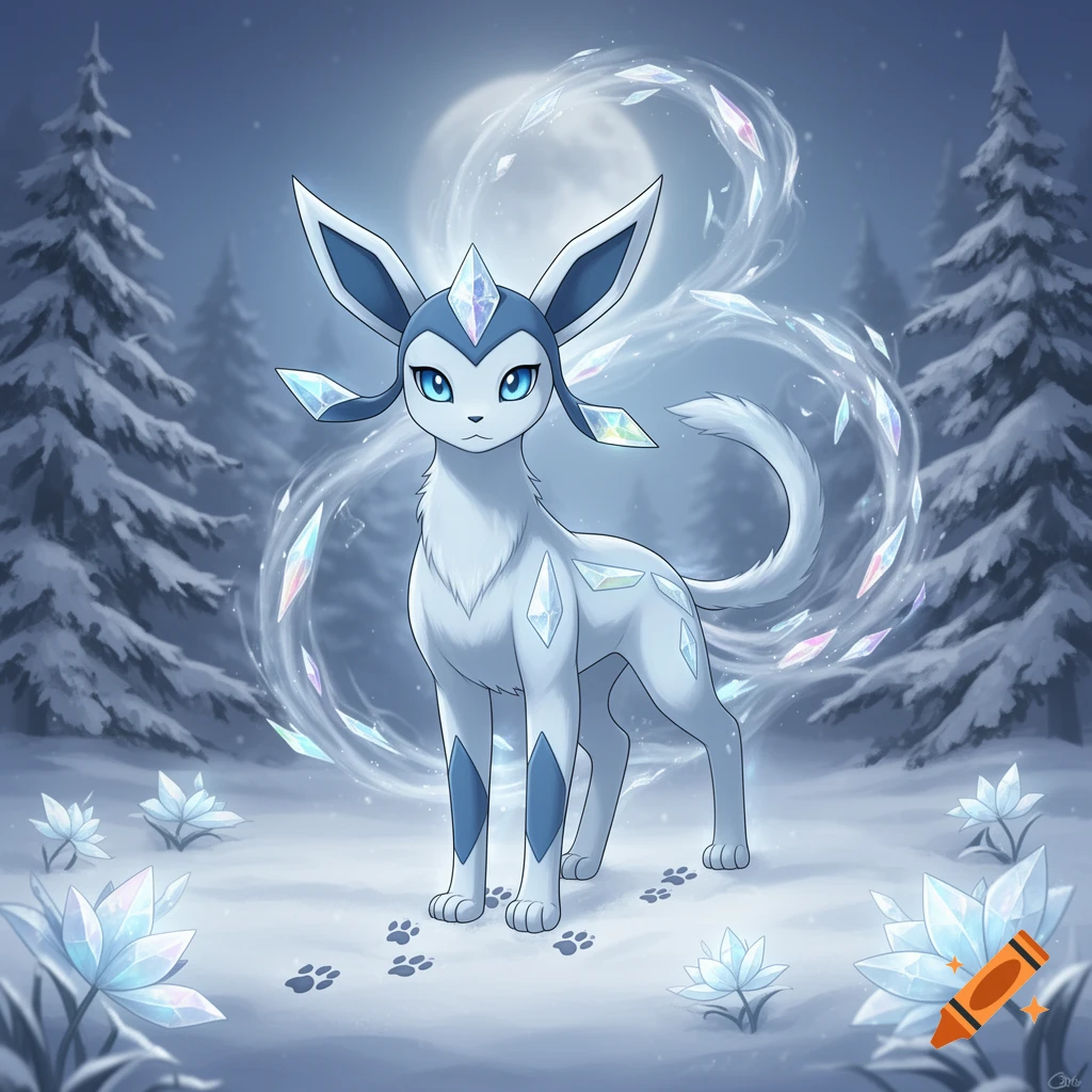 An ice-type Pokémon with blue eyes and crystal embellishments stands in a snowy forest under a full moon, surrounded by crystal flowers.