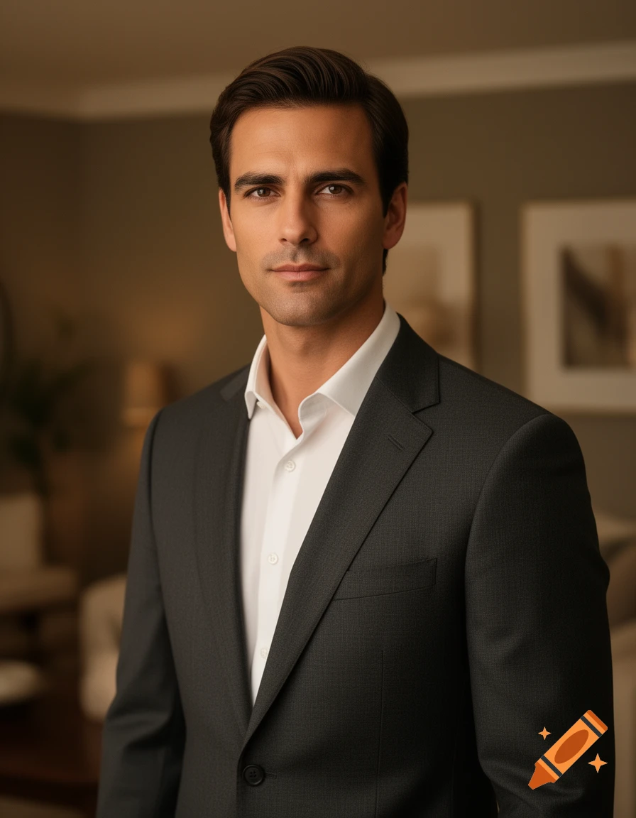 A photorealistic portrait of a well-groomed man in a dark suit and white shirt, looking directly at the viewer.