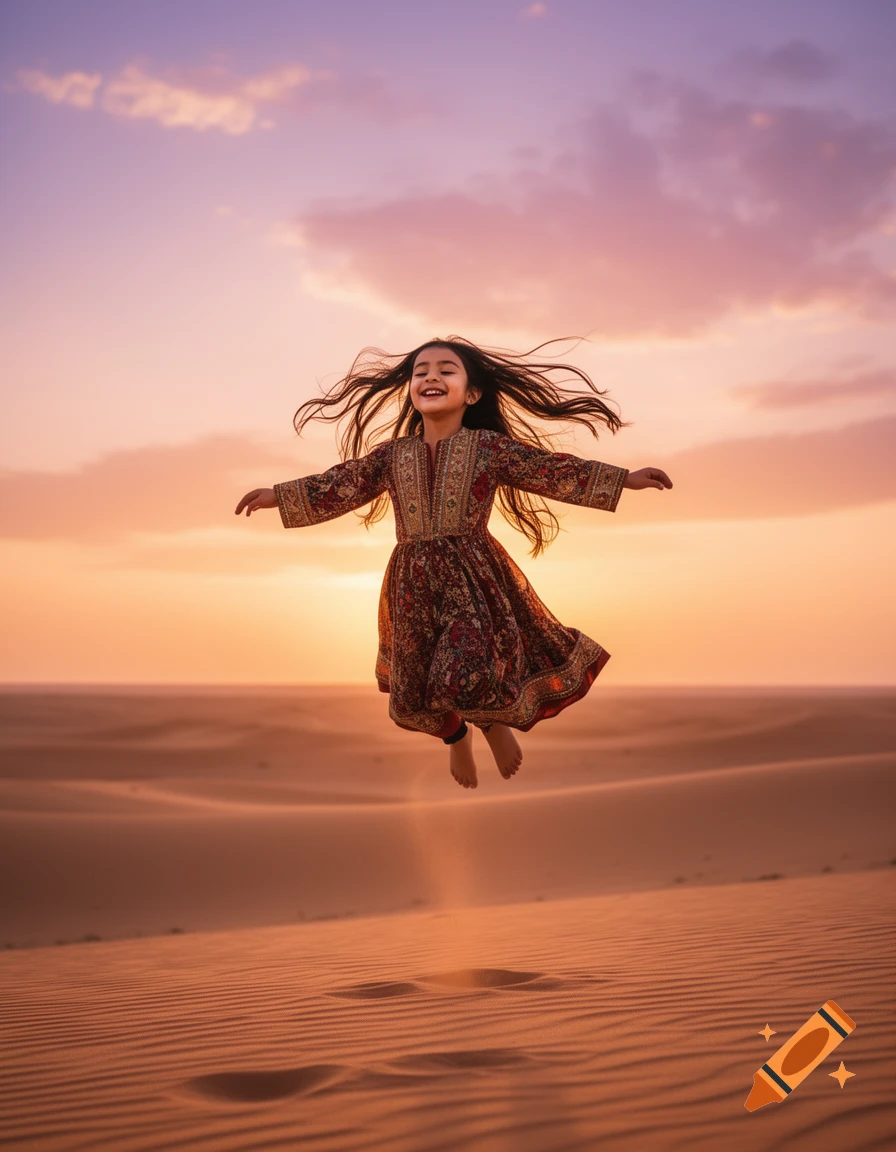 A joyful young girl in a patterned dress floats above a desert at sunset, with a vibrant sky.