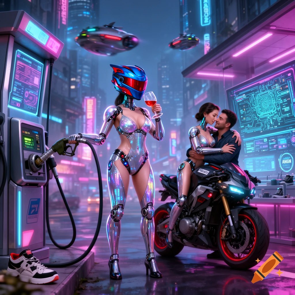 A female robot in a metallic bikini-like suit and helmet holds a gas pump nozzle in a wine glass at a futuristic gas station. Next to her, a man embraces another robot on a motorcycle, all in a neon-lit cyberpunk city.