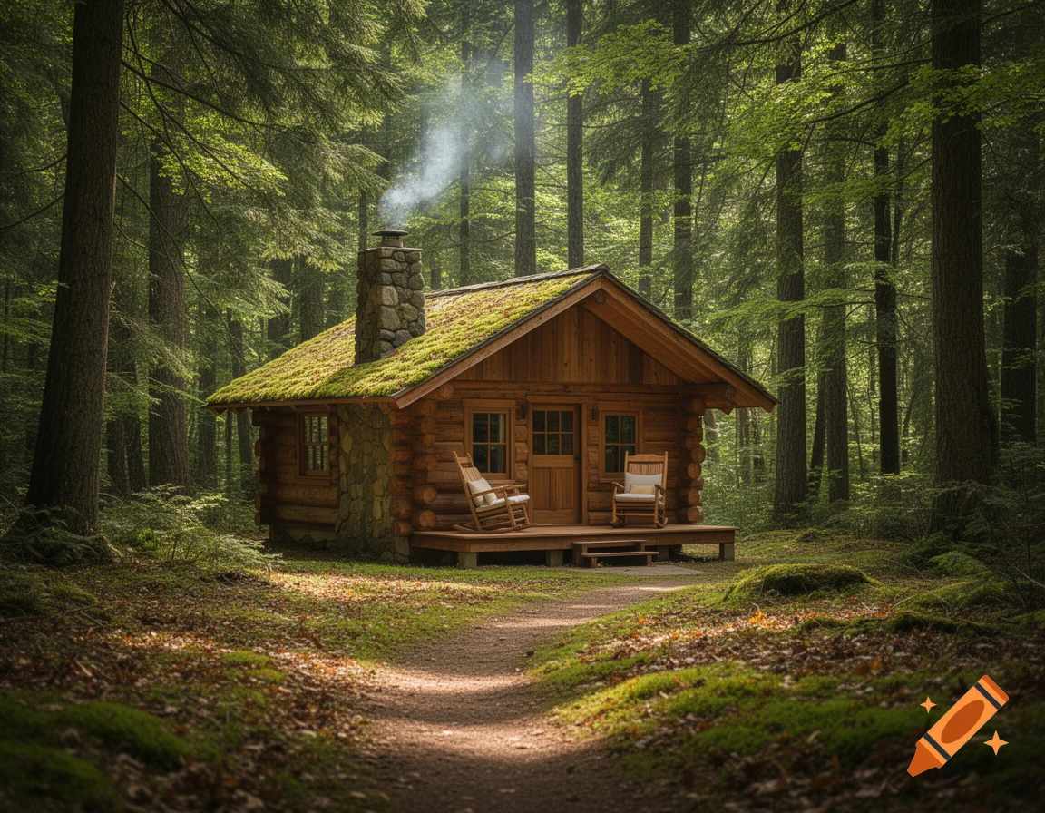 A rustic wooden cabin with a moss-covered roof and smoking chimney nestled in a dense, sunlit green forest.