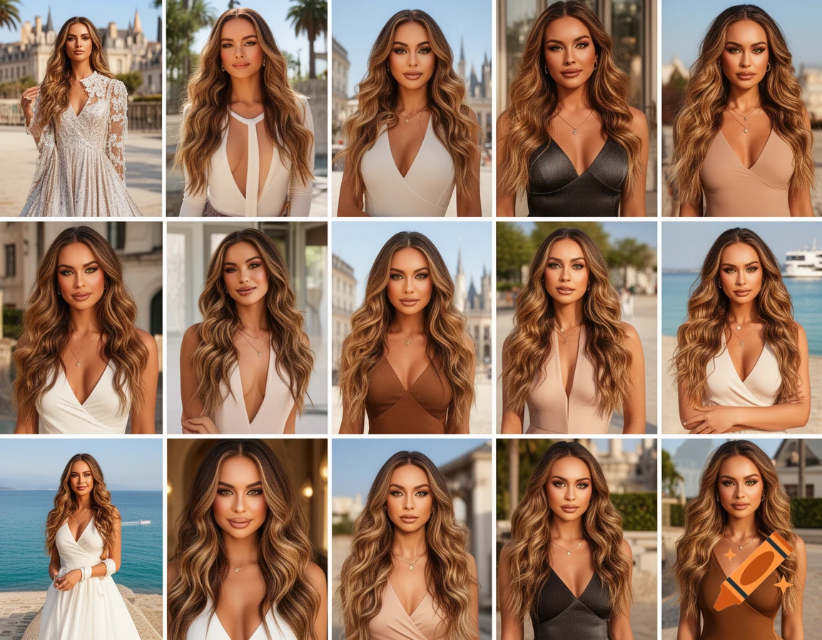 A photorealistic collage of 15 portraits featuring a woman with long wavy hair in various elegant outfits against city and beach backgrounds.