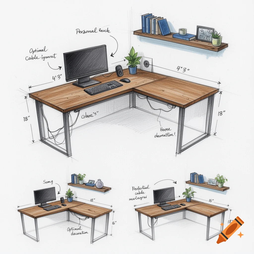 A hand-drawn sketch detailing multiple L-shaped desk layouts with computers, plants, and shelves, complete with dimensions and annotations.