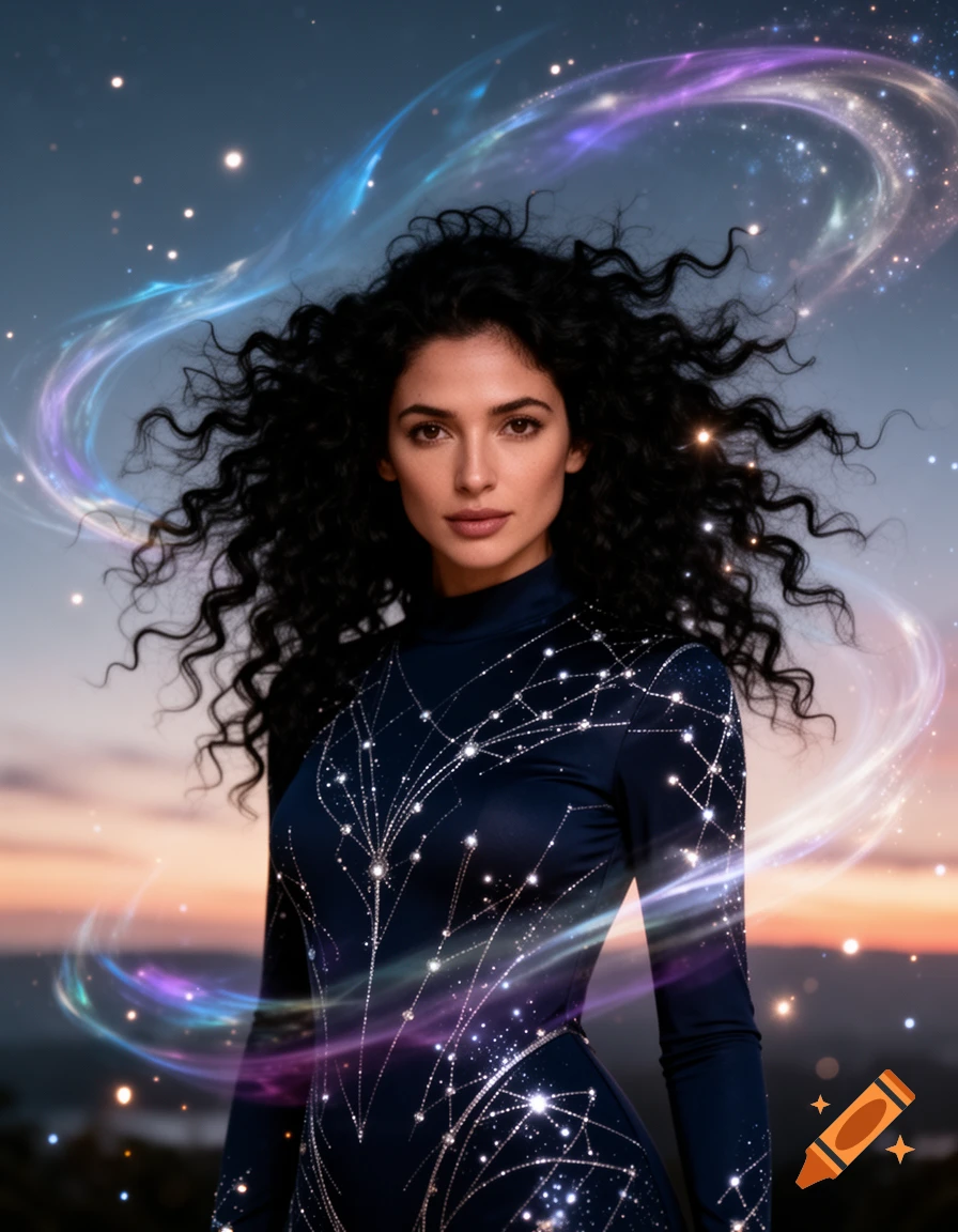 A woman with dark, curly hair in a starry dress, surrounded by glowing cosmic trails against a sunset sky.
