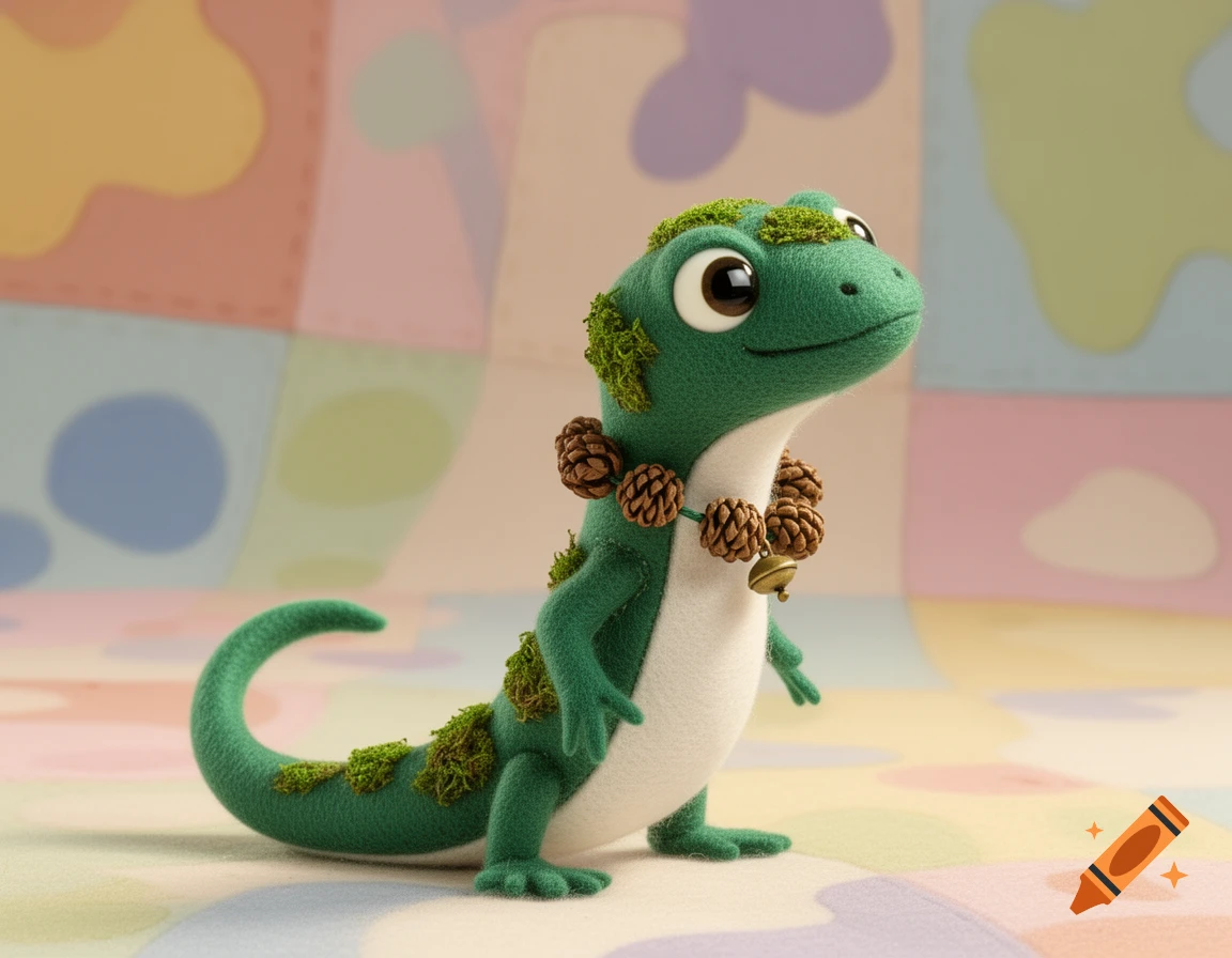 A cute, green felt salamander toy with moss patches and a pine cone necklace, standing on a colorful abstract background.
