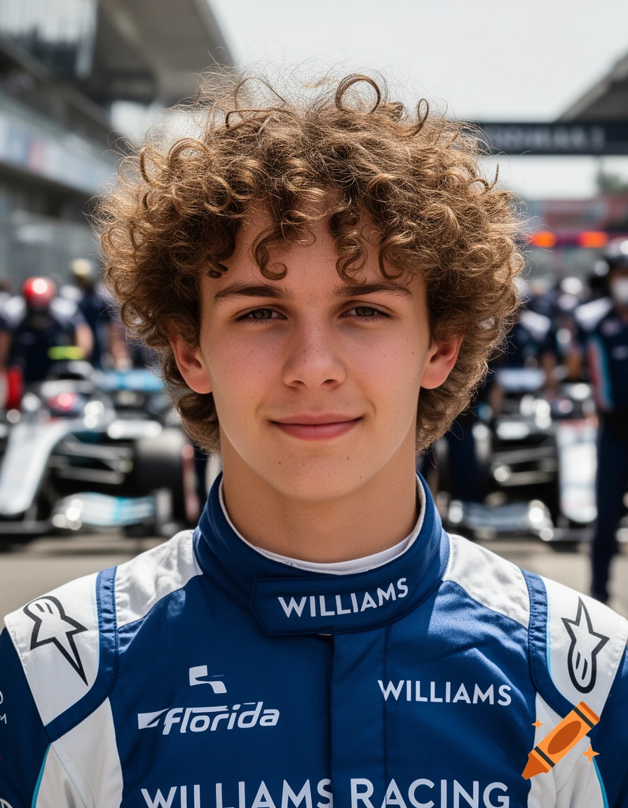 Smiling young man with curly brown hair in a blue and white Williams racing suit, blurred racetrack background.