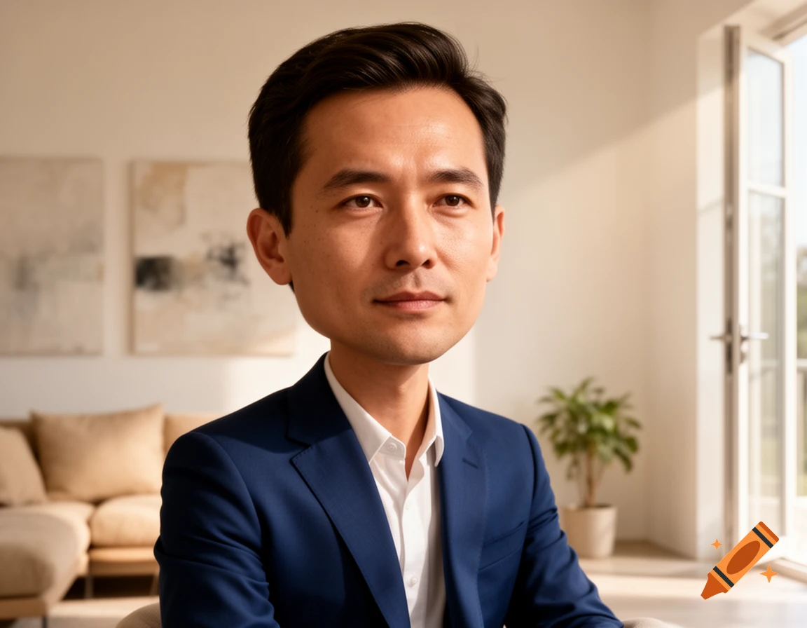 A photorealistic portrait of an Asian man with an oversized head, wearing a blue suit, in a bright modern room.