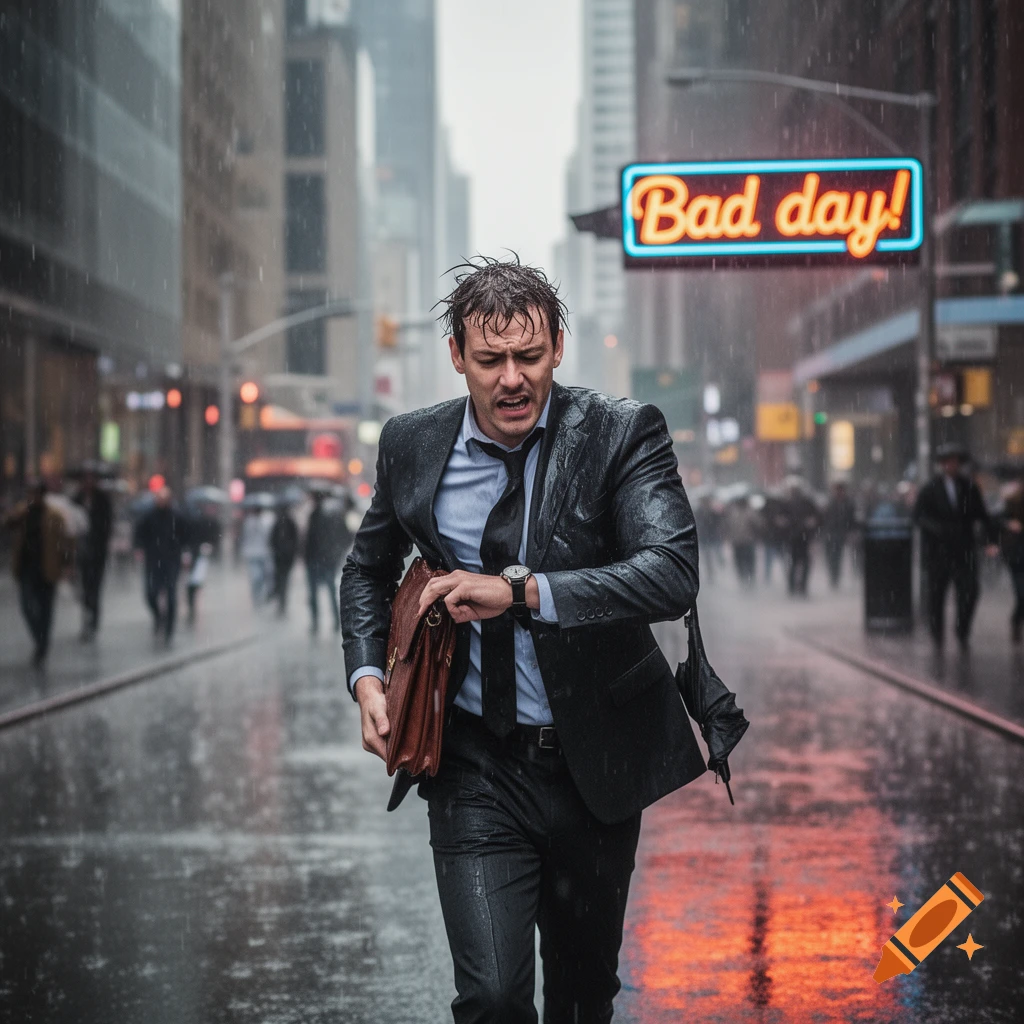 A distressed businessman runs through a rainy city street, checking his watch, with a glowing "Bad day!" neon sign in the background.