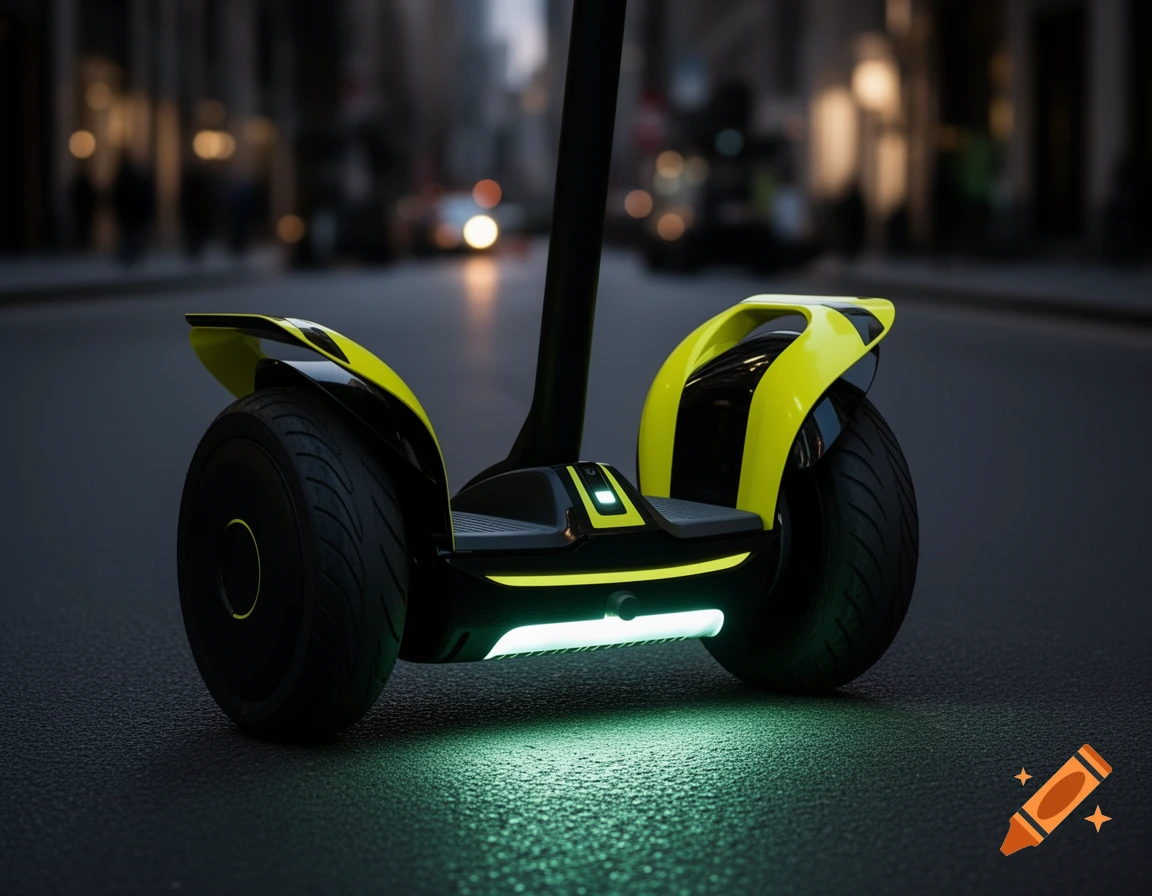 Photorealistic black and neon yellow personal electric transporter with underglow lighting on a city street at dusk.