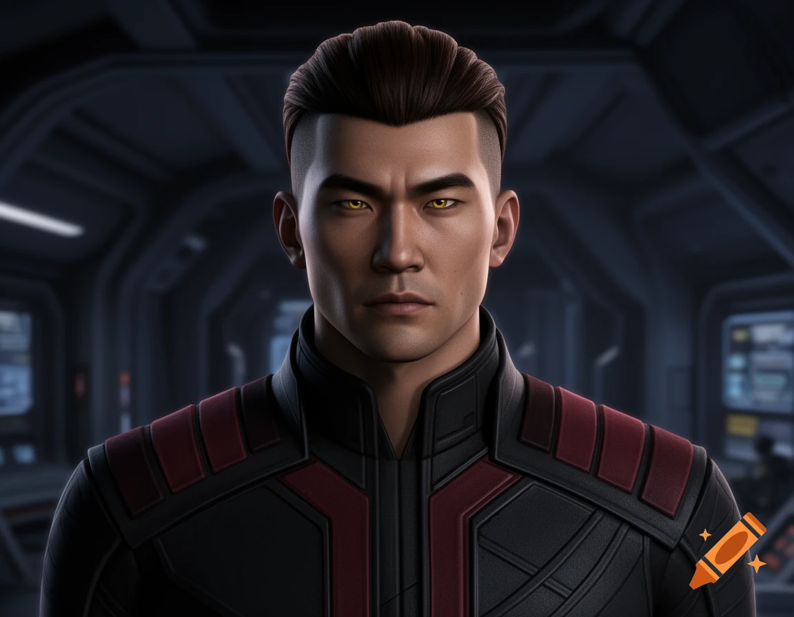 A serious Asian man with yellow eyes and an undercut hairstyle in a black and red futuristic uniform in a spaceship.