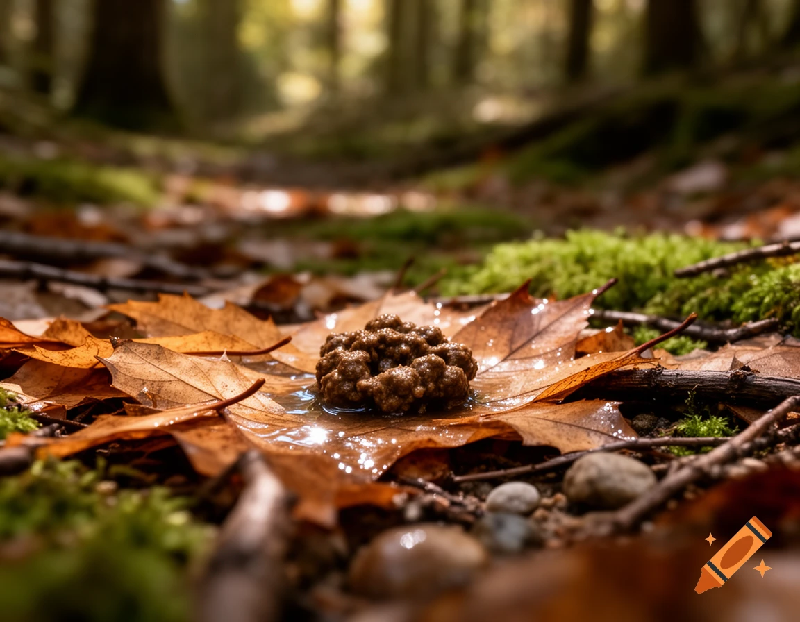 A small mound of earth sits on a wet, fallen leaf amidst moss and other leaves in a forest, with blurred trees in the background.