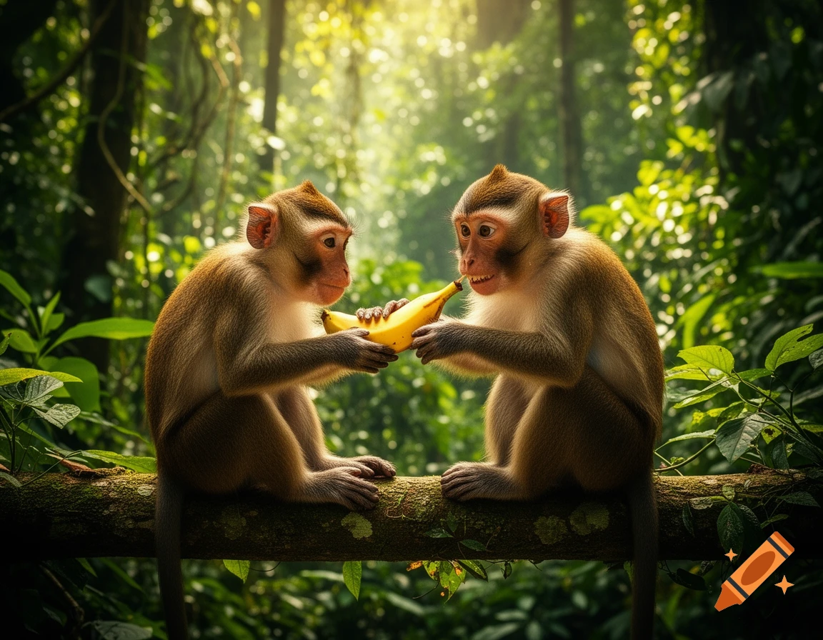 Two macaques sit on a branch, sharing a banana in a lush, sunlit tropical jungle.