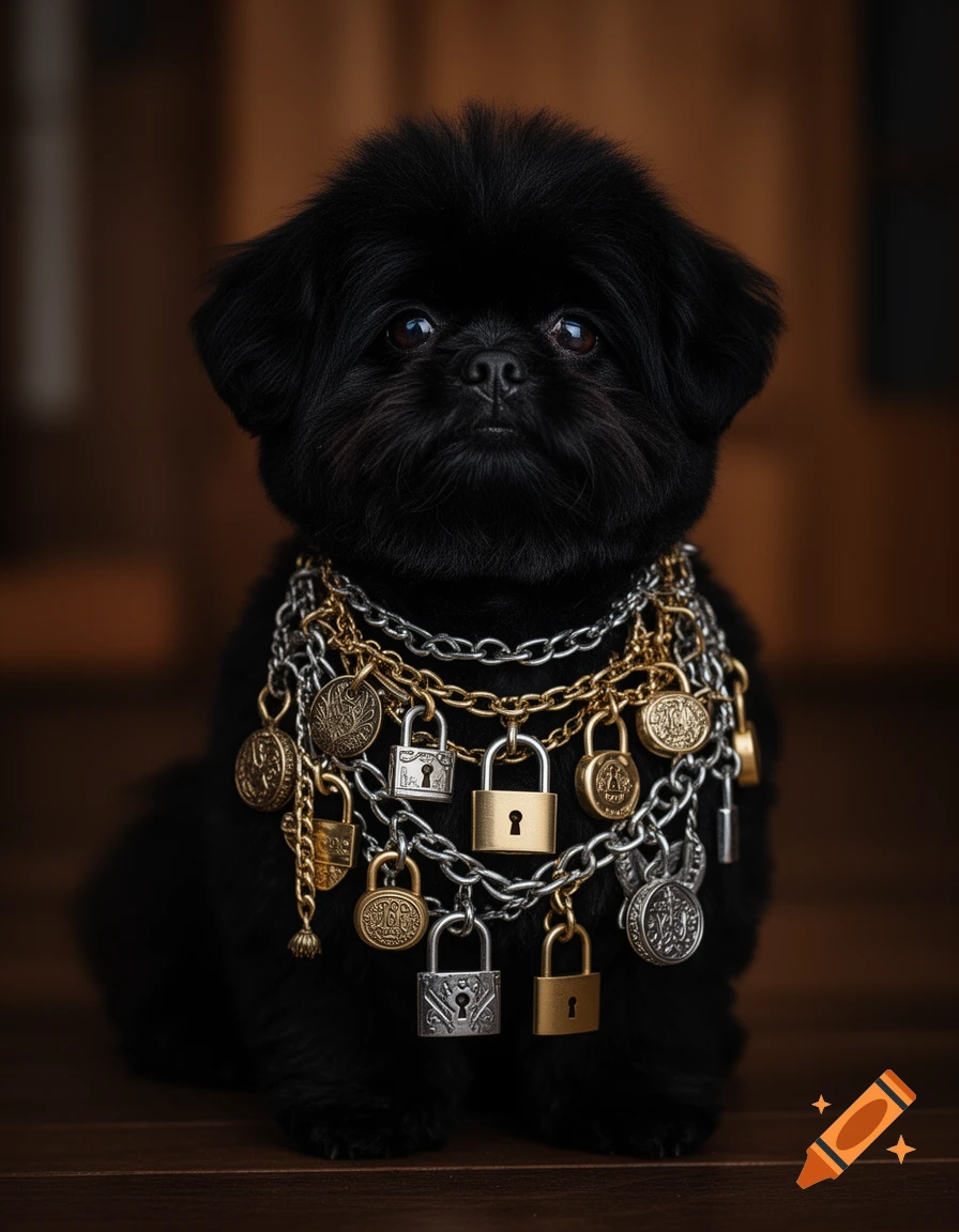 A fluffy black Bolonka Zwetna dog sits, adorned with multiple gold and silver chains and various padlocks around its neck.