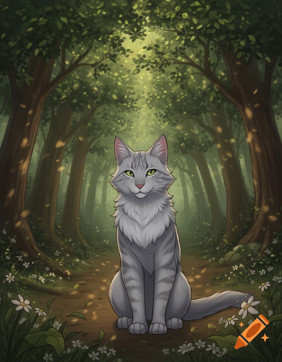 An illustrative fan art of a grey tabby cat with green eyes sitting on a dirt path in a lush, sun-dappled forest with white flowers.