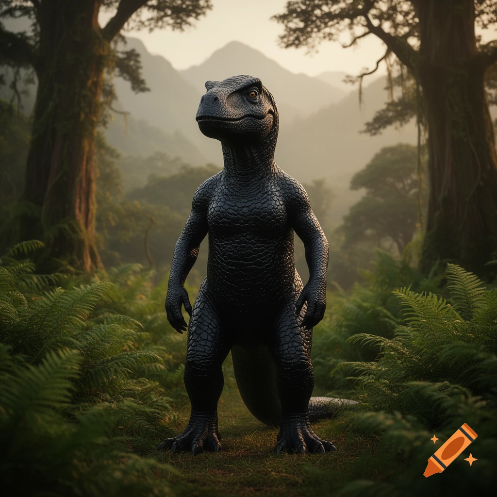 A black, human-like dinosaur stands in a lush jungle with tall trees and distant mountains.