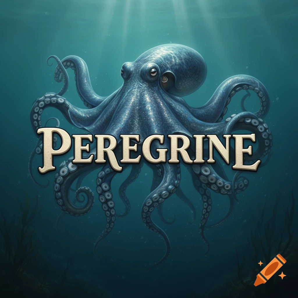 A realistic blue-grey octopus underwater with its tentacles surrounding the word 'PEREGRINE' in a decorative font.