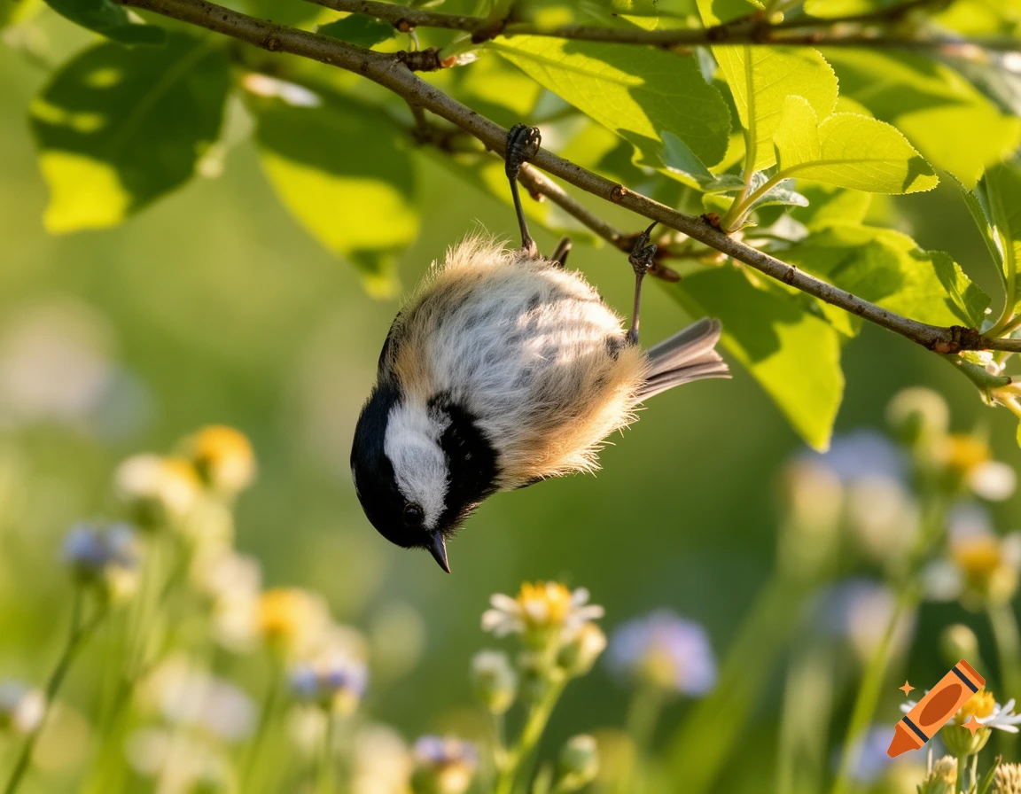 A fluffy chickadee with black and white markings hangs upside down from a thin tree branch, bathed in warm sunlight, with a soft green and floral background.