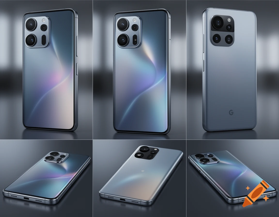 Six views of a modern gray smartphone with multiple camera lenses and a subtle gradient on its back.