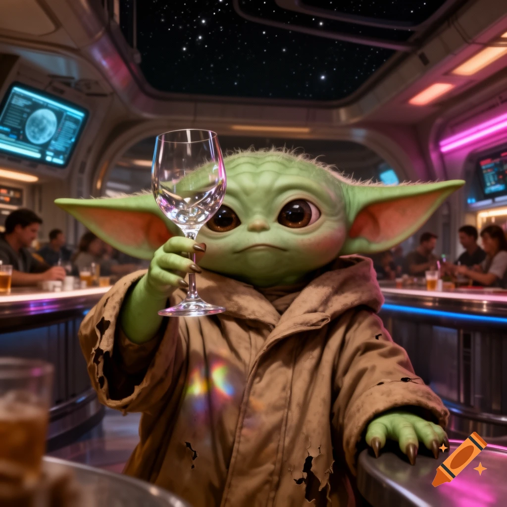 A photorealistic Baby Yoda (Grogu) holds an empty wine glass in a neon-lit futuristic bar, appearing to make a toast.