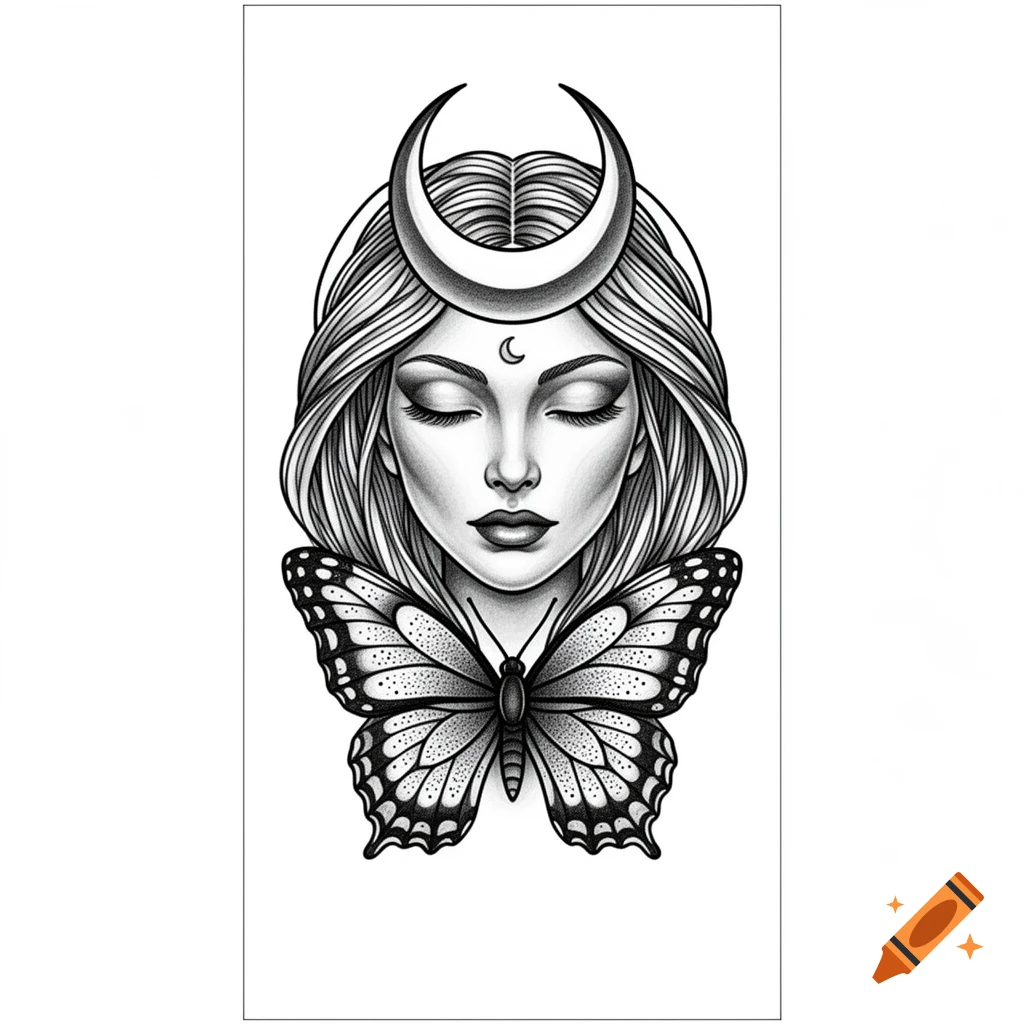 Black and white line art of a goddess-like woman with closed eyes, a crescent moon on her head, and a large butterfly below her chin.