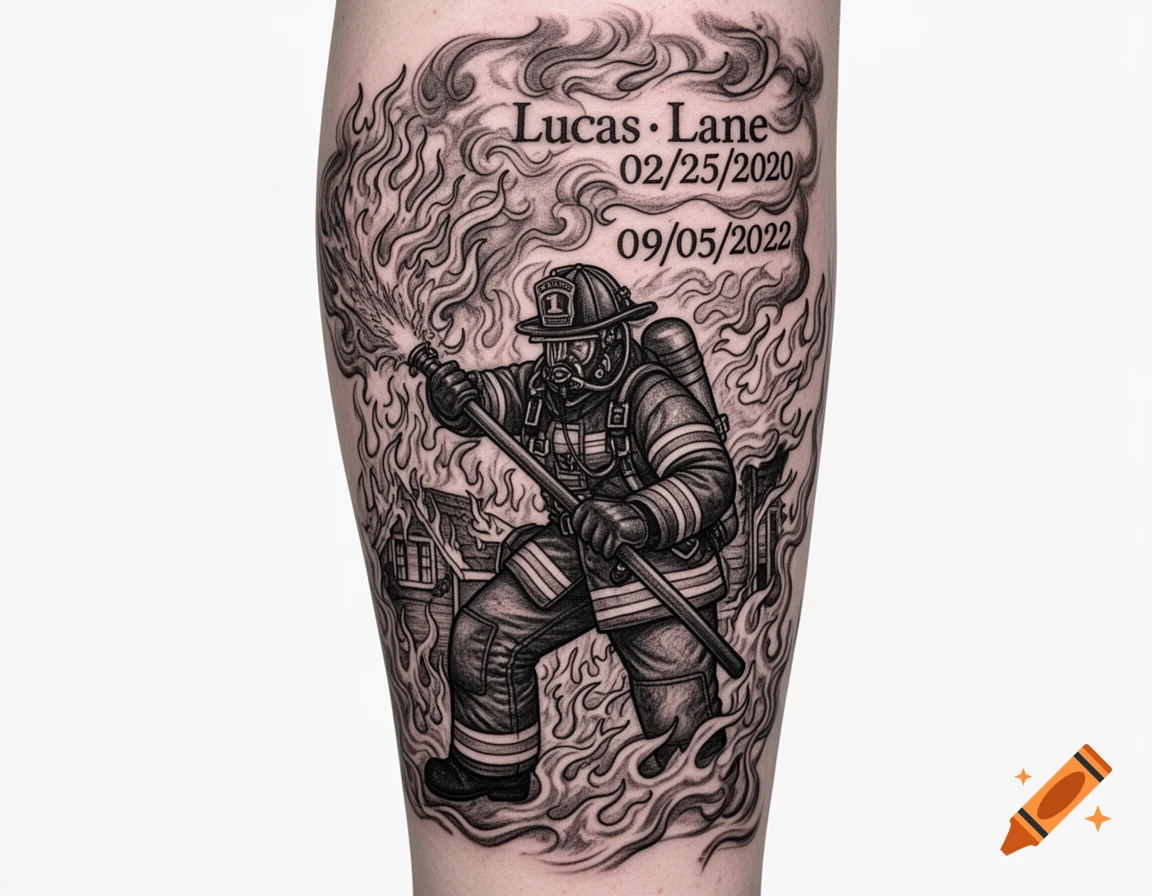 A grayscale tattoo of a firefighter fighting a house fire, with names 'Lucas Lane' and dates '02/25/2020', '09/05/2022' in smoke.