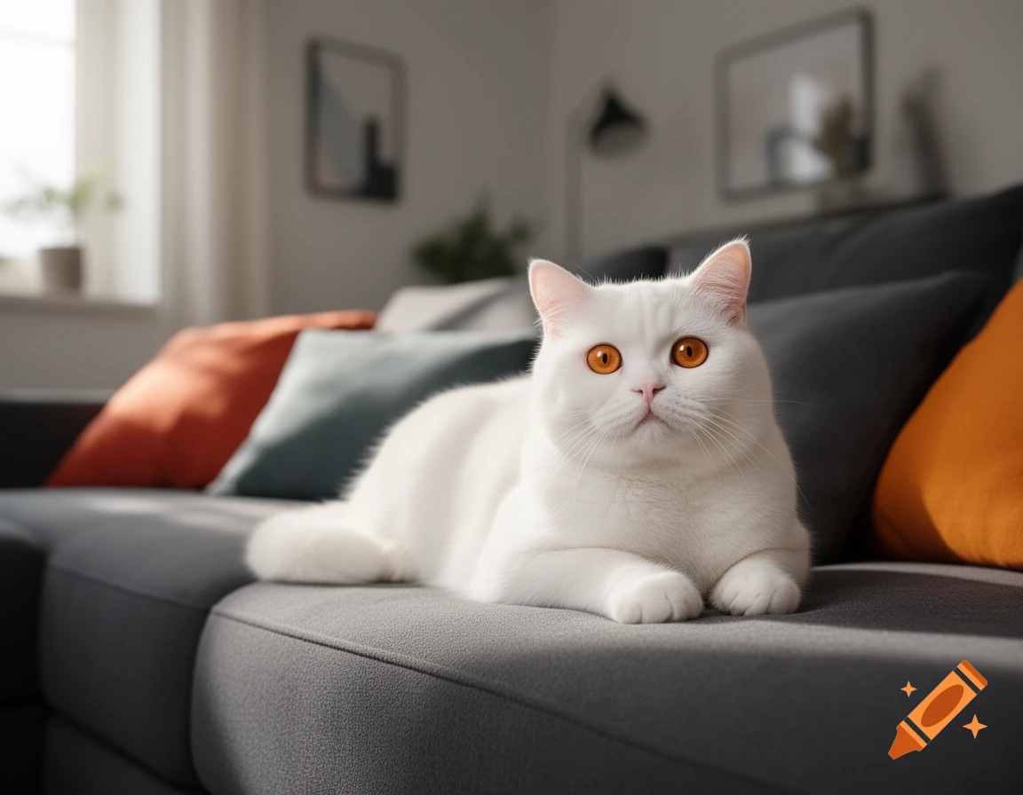 A photorealistic white cat with orange eyes lies on a gray sofa with colorful pillows in a sunlit room, looking at the camera.