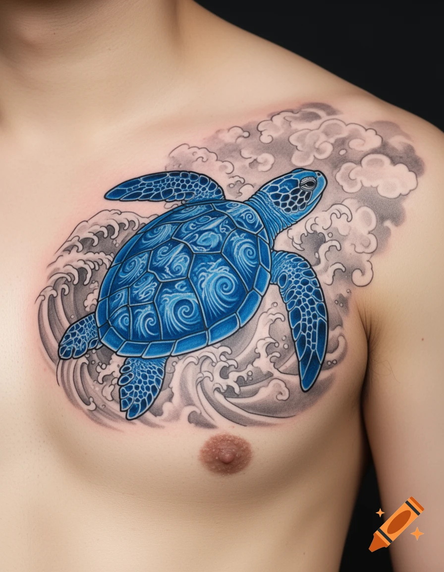 A vibrant blue sea turtle tattoo in traditional Japanese style with waves and clouds on a person's chest.