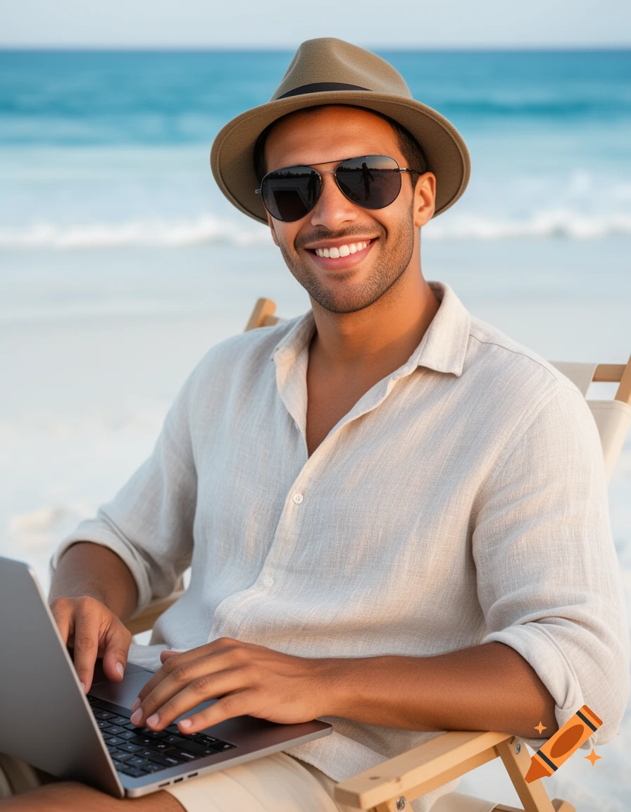 A smiling man in a fedora and sunglasses works on a laptop while sitting in a beach chair with the ocean in the background.