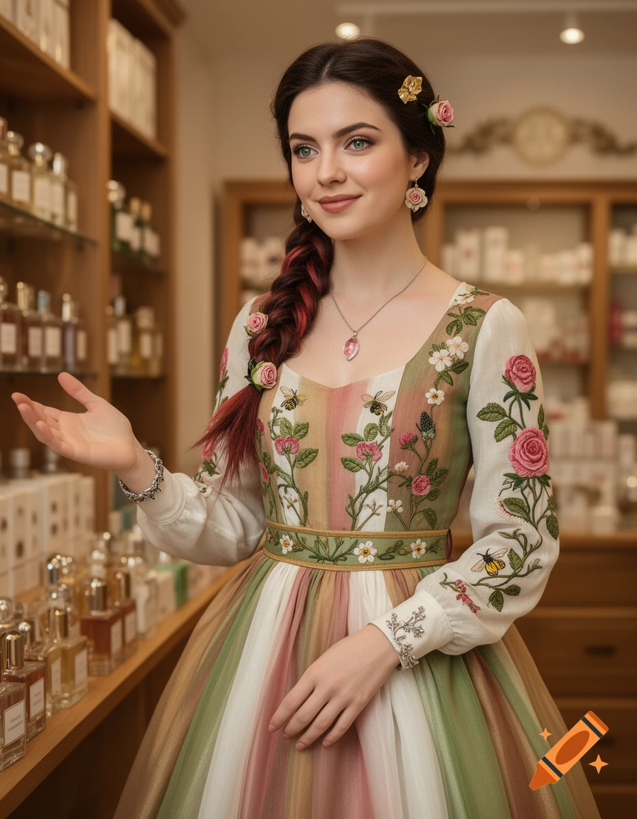 A woman with a braided floral ponytail and embroidered dress stands in a perfume shop with an outstretched hand, smiling.