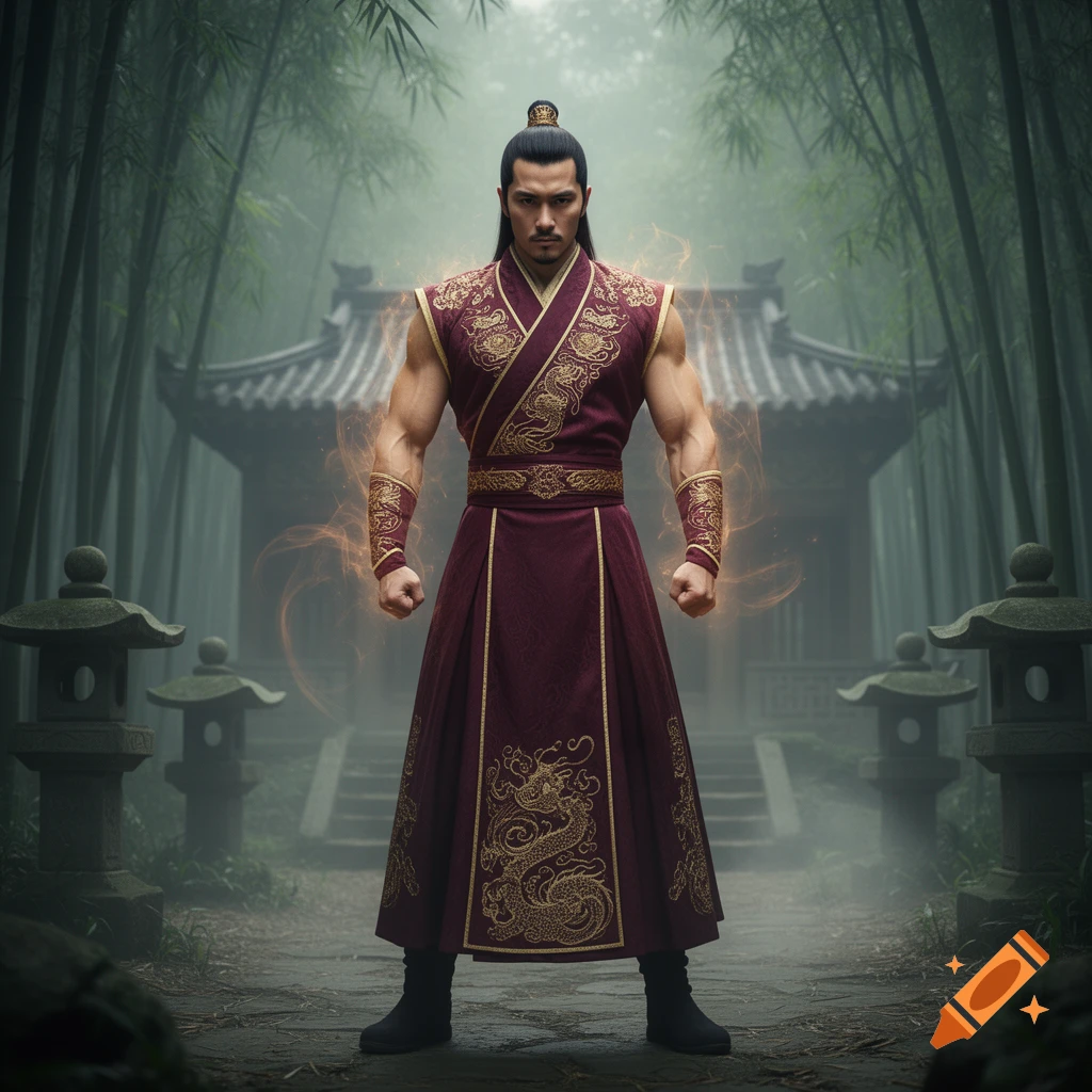 A muscular man in traditional maroon and gold robes stands with a glowing aura in a misty bamboo forest with a temple.