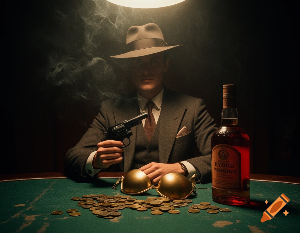 A man in a fedora and suit sits at a card table, holding a revolver near whiskey, coins, and a golden bra, film noir style.