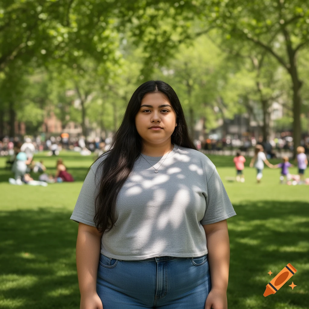 A young woman with long dark hair, wearing a gray t-shirt and blue jeans, stands in a sunny park with blurred people and trees in the background.