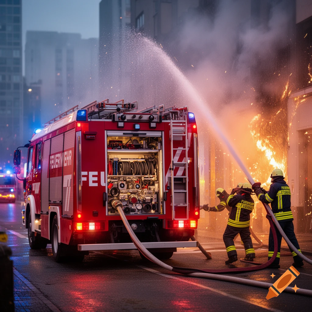 Photorealistic image of firefighters battling a building fire with a large water hose, next to a red fire truck on a city street.