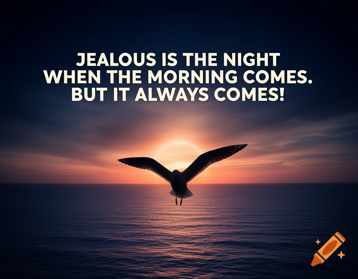 A silhouette of a bird soars over a calm ocean at sunset, with an inspirational quote about morning always coming.