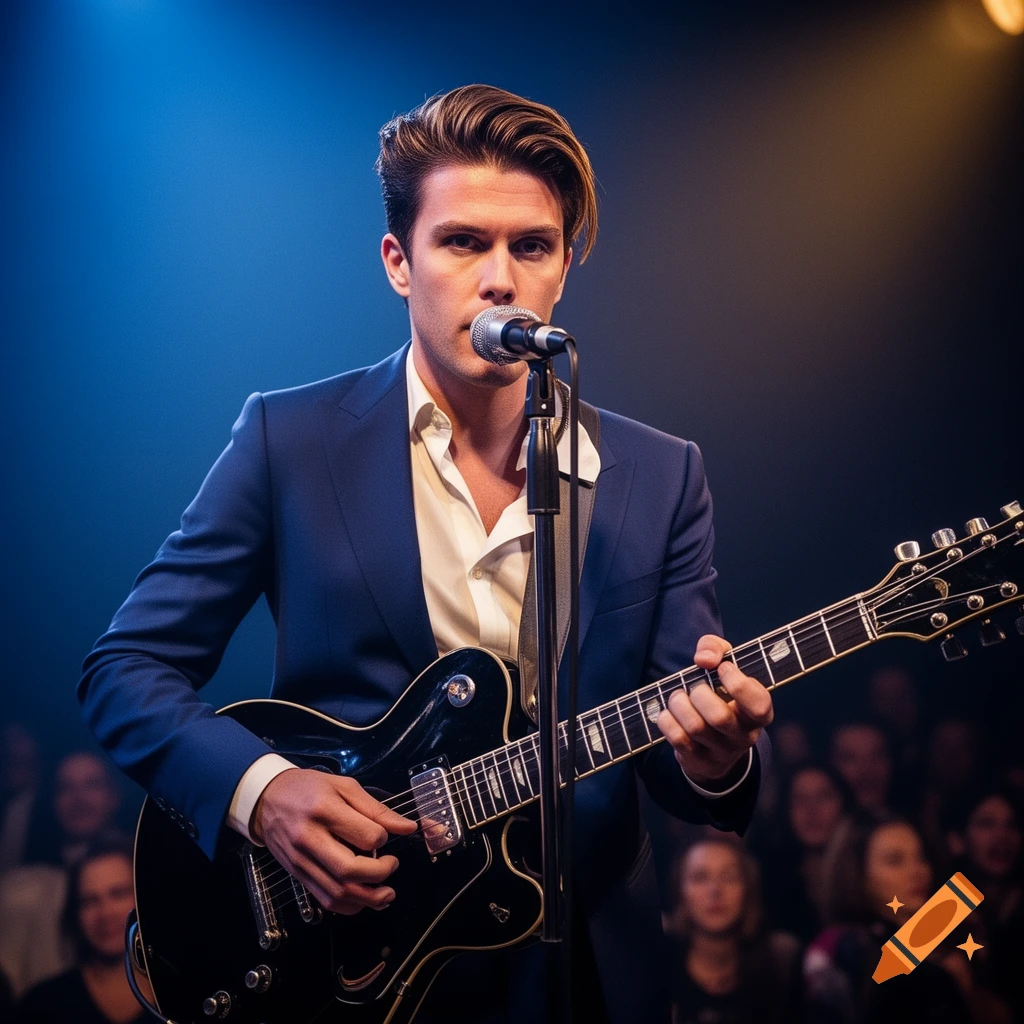 A man in a suit plays electric guitar and sings into a microphone on stage, illuminated by blue and orange lights.