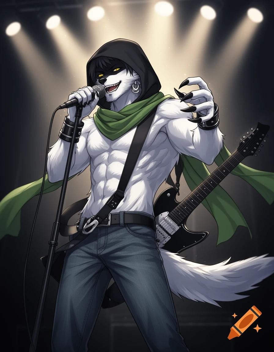 Anime illustration of a white wolf beastman rock singer, shirtless with a green scarf and black hood, singing into a microphone on stage.