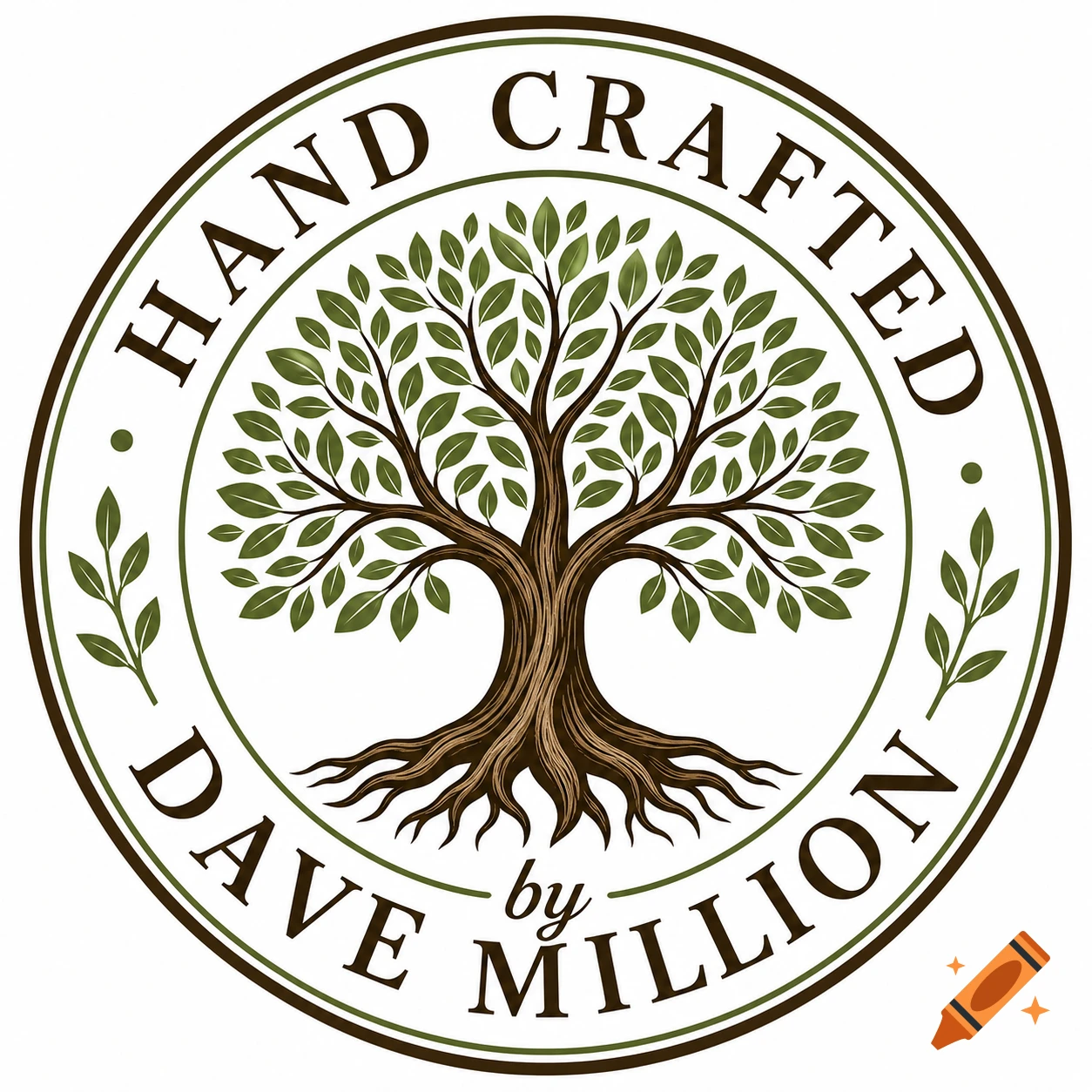 A round logo featuring a stylized tree with roots and green leaves in the center, encircled by the text 'HAND CRAFTED by DAVE MILLION'.