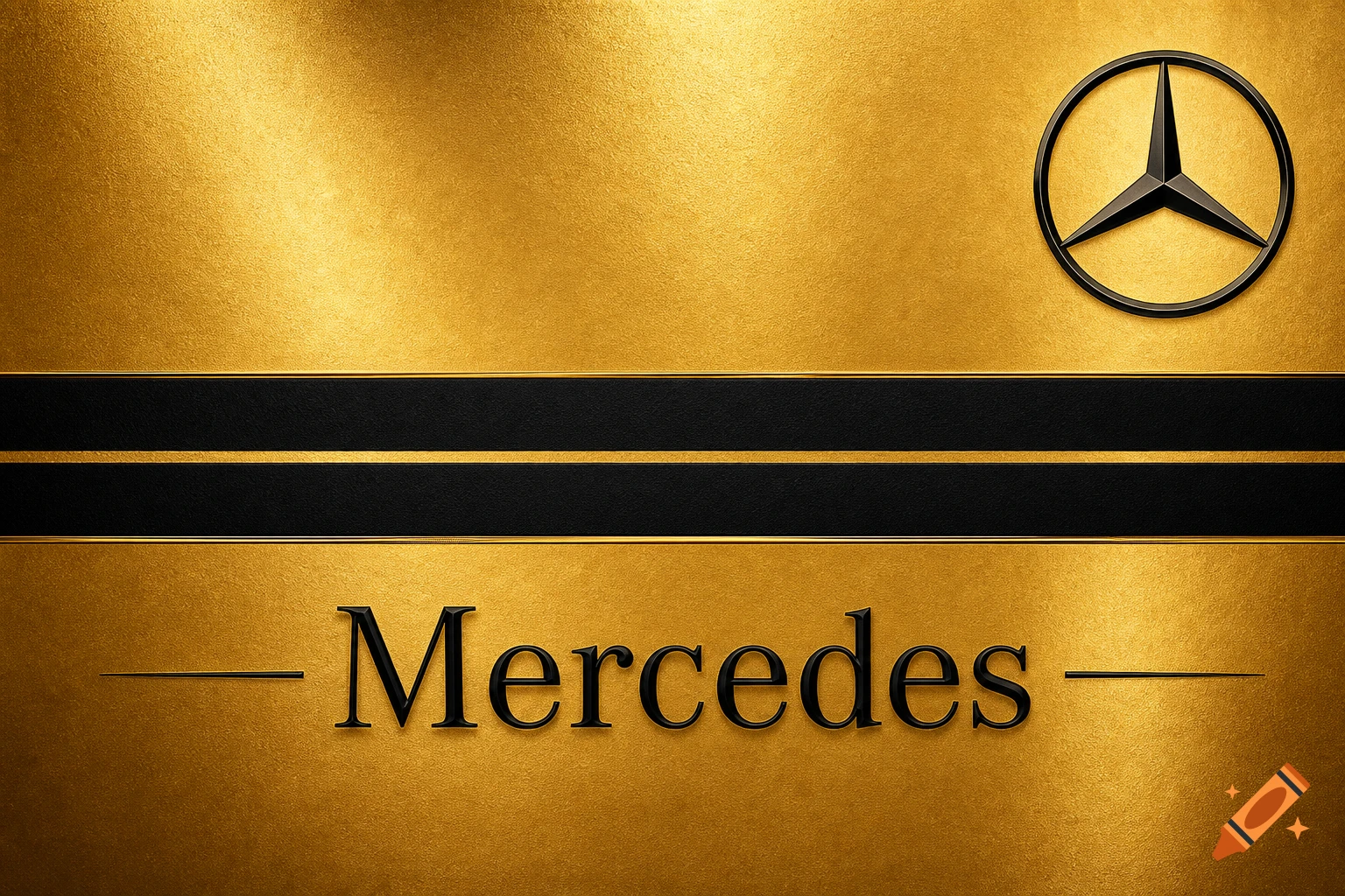 Gold textured background with two black horizontal stripes, a black Mercedes-Benz logo, and the word 'Mercedes' in black.