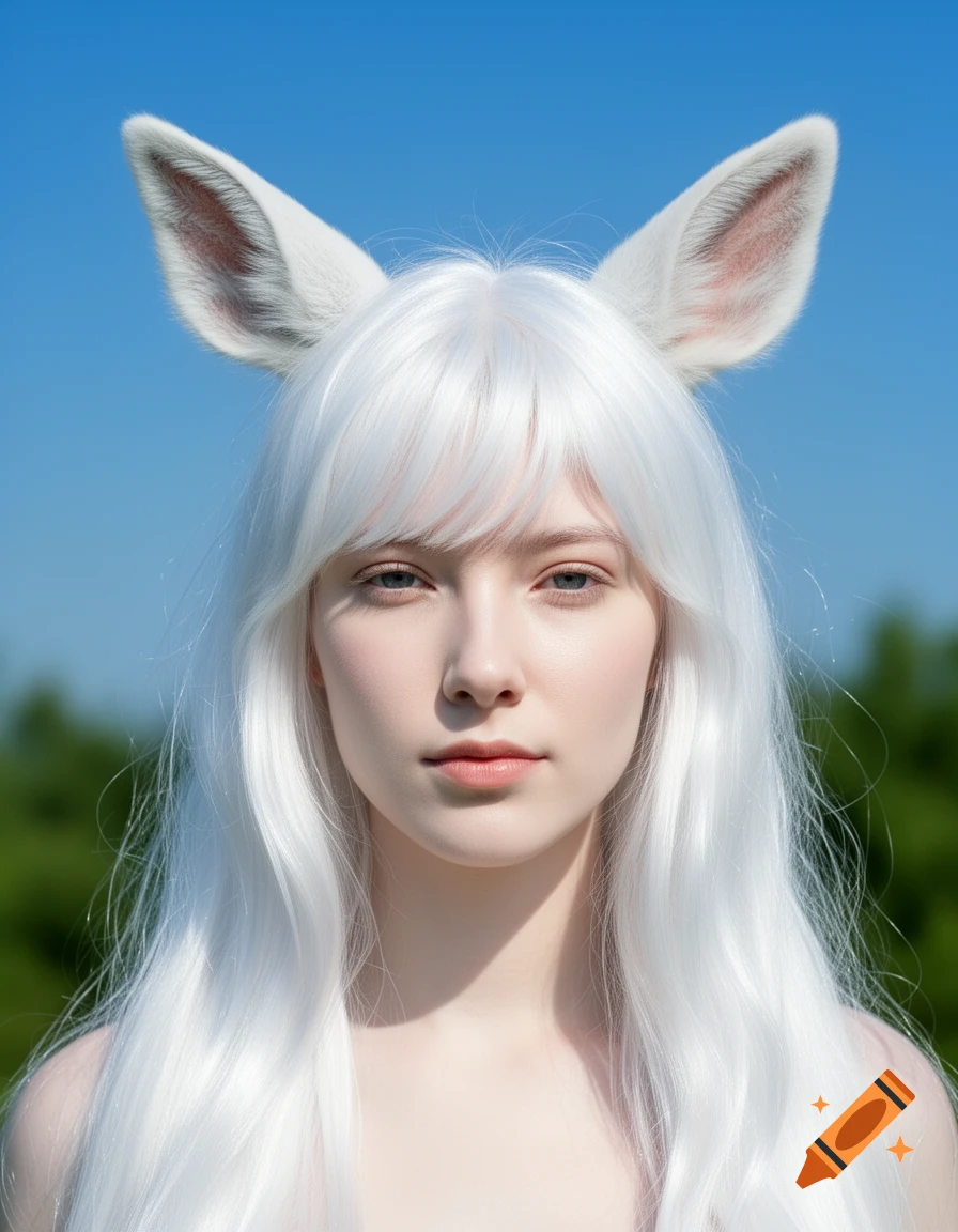 A close-up portrait of a person with long white hair and white deer ears, looking directly at the viewer, against a blue sky and green background.