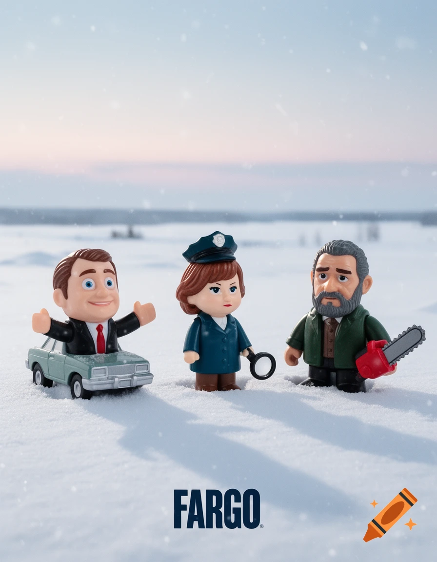 Stylized toys resembling characters from Fargo, a man in a car, a police officer, and a man with a chainsaw, stand in deep snow.