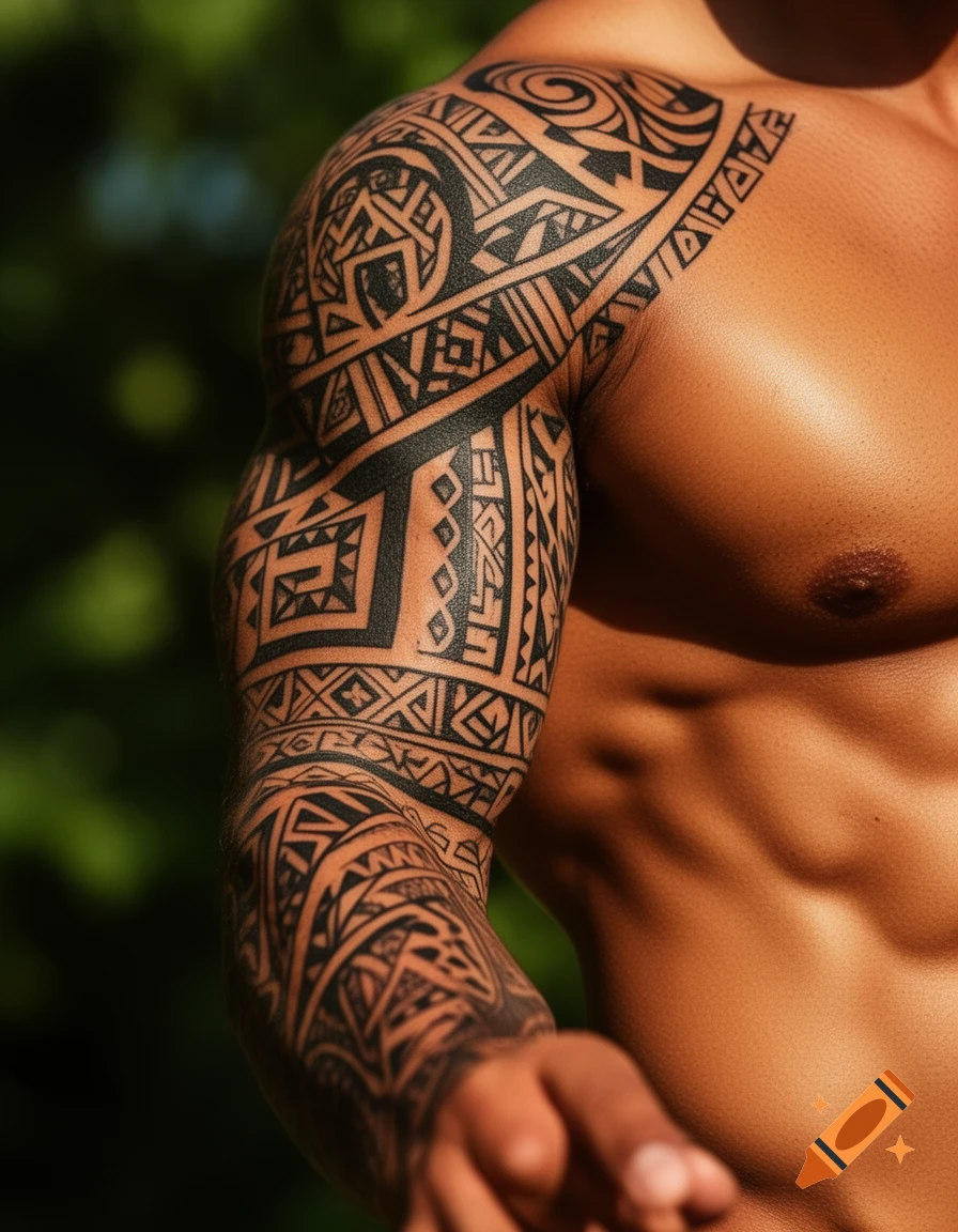 Close-up of a muscular man's arm and torso, adorned with a detailed black tribal tattoo sleeve against a blurred green background.