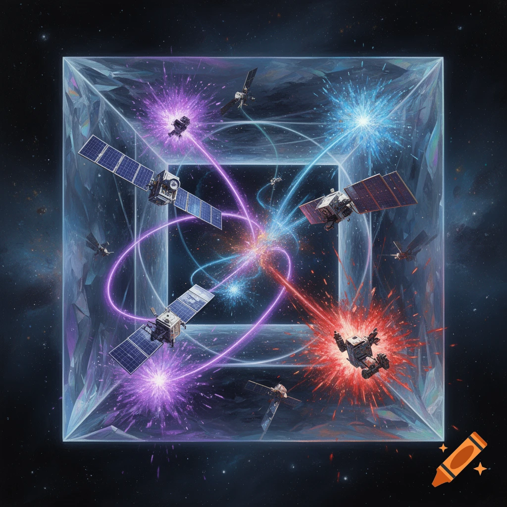 Several satellites with solar panels in a cubic, transparent enclosure in deep space, connected by swirling purple and blue energy streams, with red explosions around some satellites.
