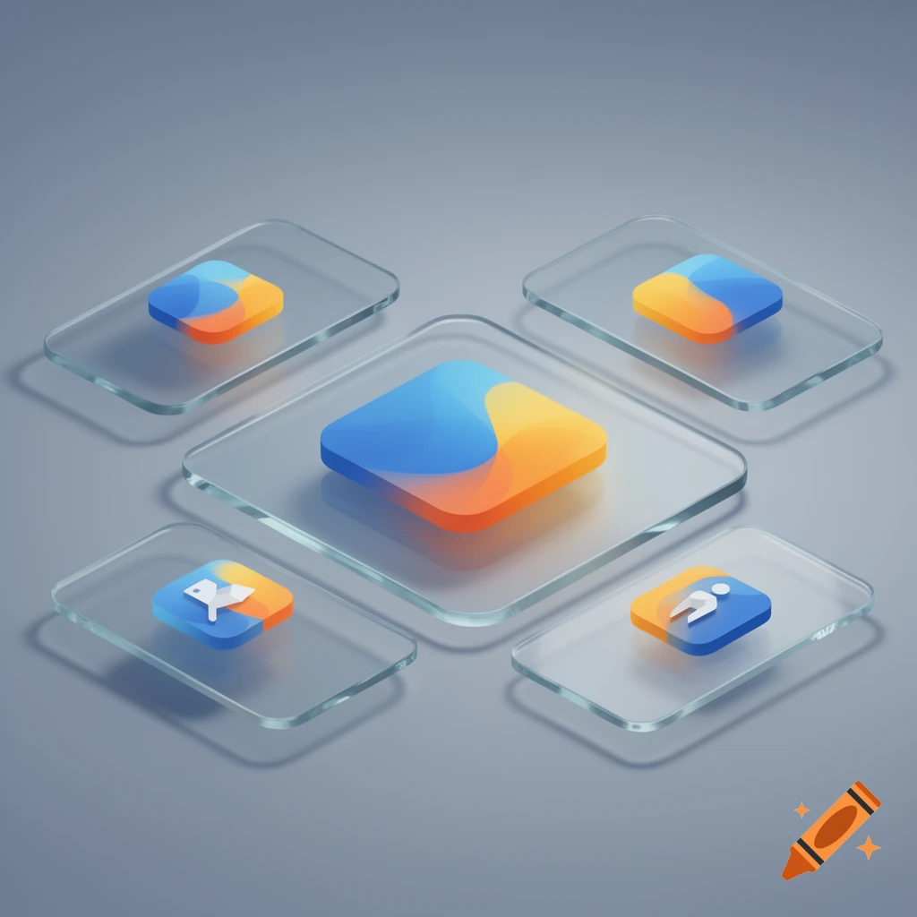 Five abstract blue and orange gradient icons on clear glass cards, arranged on a grey background in a soft digital painting style.