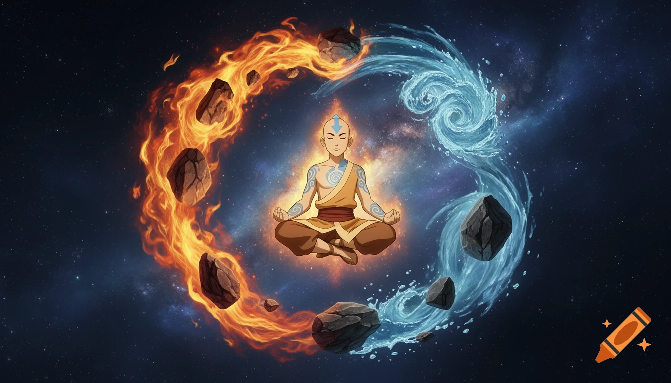 Aang from Avatar: The Last Airbender meditates, floating amidst swirling rings of fire, water, and rocks in a cosmic, starry void.